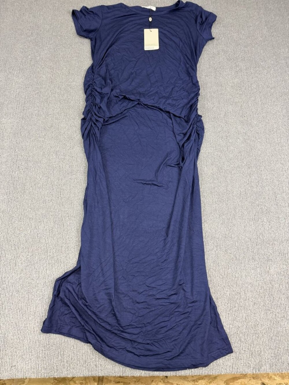 Smallshow Maternity Navy Blue Ruched Short Sleeve Maxi Dress Size M NWT
